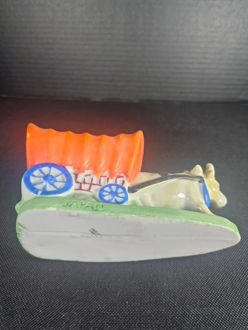 Mid Century Japan Ceramic Conestoga Covered Wagon Planter With Ox Orange & Blue